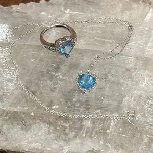 Blue Topaz & Diamond Sterling Silver Heart Jewelry Set - Ring & Necklace